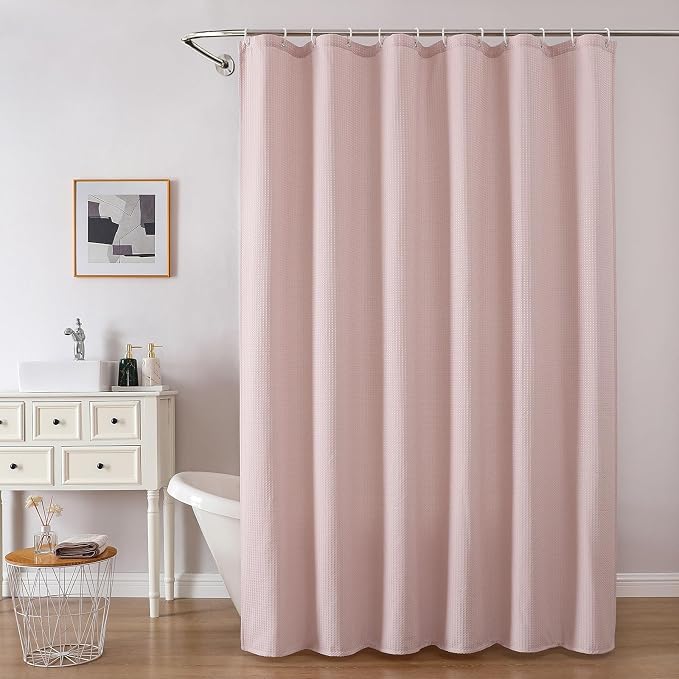 Extra Long Shower Curtain Set - 84 Inch Long Waffle Weave Heavy Duty Cloth Shower Curtain for Bathroom, Luxury Weighted 230GSM Bath Curtain Set with 12 Plastic Hooks, 72x84, Blush Pink