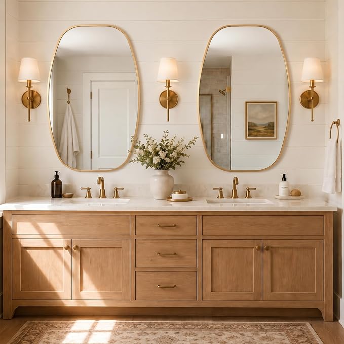 Matte Gold Capsule Bathroom Mirror, 24x36 Inch | Aluminum alloy frame, muted vintage gold tone, tempered glass, two-way mount for dressing space