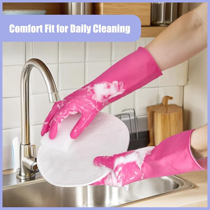 Rubber Kitchen Dishwashing Gloves - 4 Pairs Colorful Reusable Cleaning Gloves for Kitchen Washing Dishes and Household Cleaning(Small, Blue+Pink+Yellow+Red)