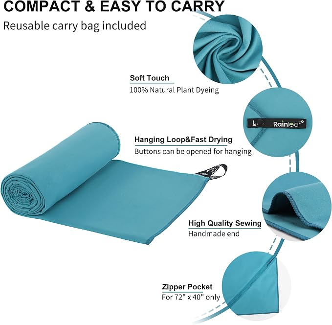 Rainleaf Microfiber Towel Quick Dry Camping & Travel & Gym Towel. Compact | Super Absorbent, Lightweight, Fast Drying. Suitable for Beach, Bath, Backpacking, Hiking, Swim.