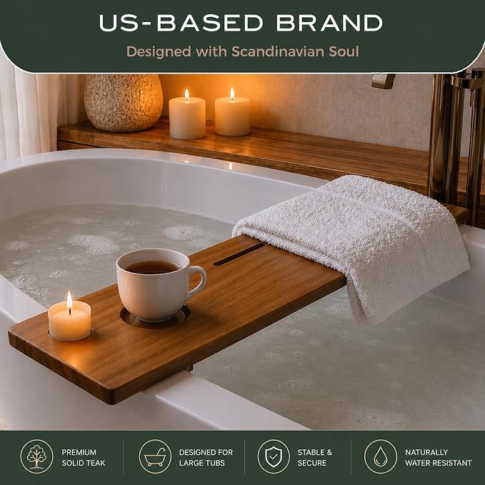 Grand Fjord 35" Luxury Teak Bathtub Tray for Large Tubs | Bath tub tray wood for freestanding tubs, bathtub trays for tub, bath tray for tub, bath table tray, soaking, home spa