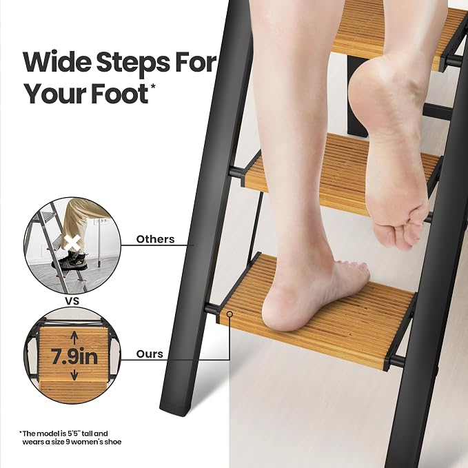6 Step Ladder, Lightweight Folding Step Stool, Black+Wood Grain | Reach 12ft;Anti-Slip 7.9'' Wide Pedal;Portable Handrail;Space-Saving;For Kitchen, Home, Library, Office Use;300lbs Capacity