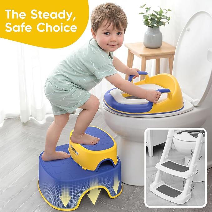 Maliton Potty Training Toilet Seat & Step Stool, 2-in-1 Anti-Slip Blue | Potty Seat + Separate Step Stool, Adjustable Fits More Toilets, Anti-Slip, Sturdy, Splash Guard, Easy clean，Boys & Girls.