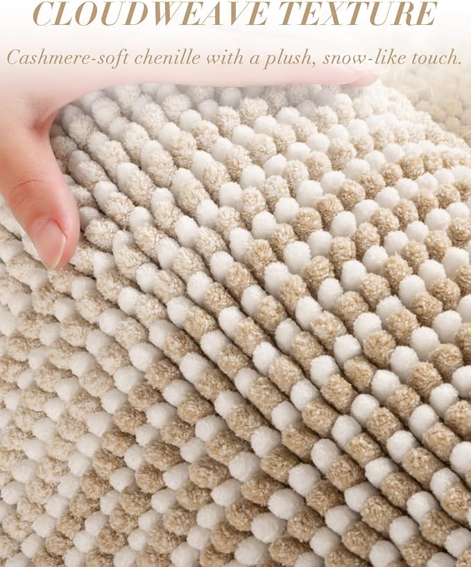 Chenille Bathroom Rugs, 20 x 47 Inches Non Slip Absorbent Bath Mat, Soft Shaggy Shower Bath Floor Mats for Bathroom, Machine Washable(Beige)