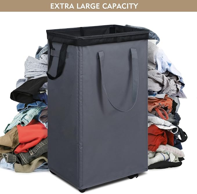 DOKEHOM 90L X-Large Rolling Laundry Basket Hamper on Wheels, Grey | Collapsible clothes hamper with removable mesh wash bag. High-capacity foldable washing bin organizer