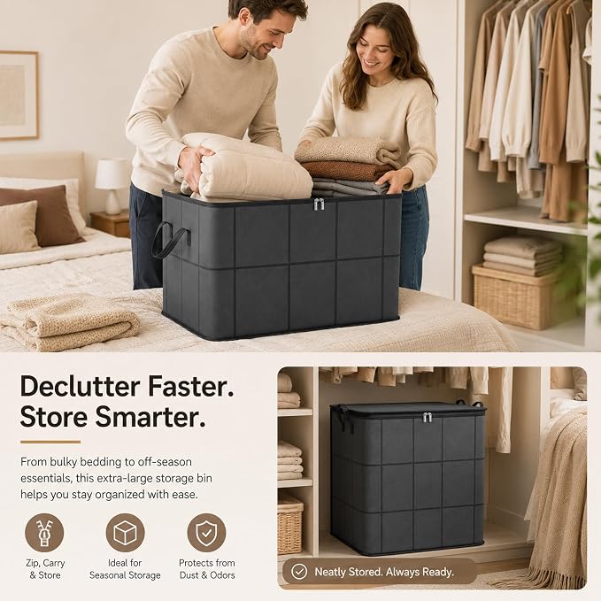 180L Spacious Moving Storage Bin - Large Capacity Zippered Fabric Organizer for Bedding & Clothes, Foldable Blanket Bag with Reinforced Handles for Quilts, Comforters & Moving Day，1：L