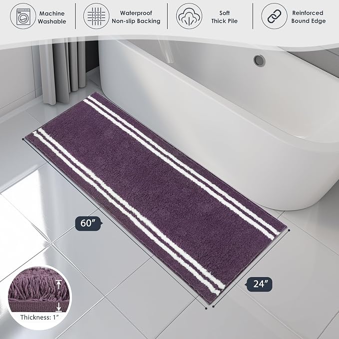 PURRUGS Bathroom Runner Rug, Bath Mat, 24" x 60", Purple | Machine Washable, Non-Slip, Waterproof TPR Backing, Super Absorbent, Quick Dry, Bath Rug for Shower, Bathtub, and Sink