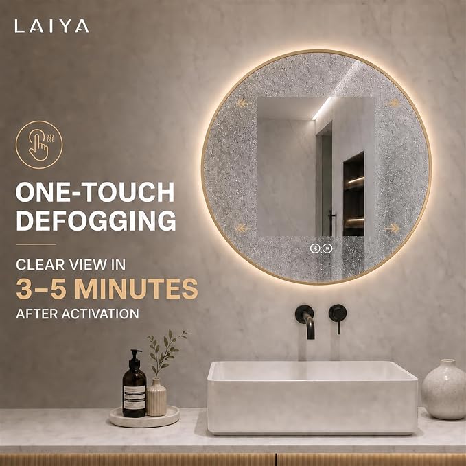 LAIYA 32 Inch Gold Round LED Bathroom Mirror, Anti Fog, Dimmable, 3 Colors | backlit lighted vanity wall mounted makeup mirror defogger touch switch brass frame IP65 CRI95 copper free silver glass hotel