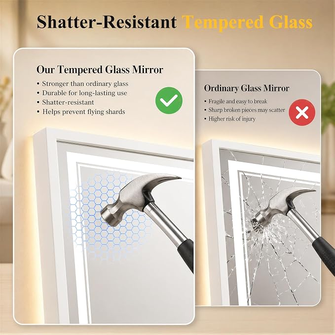 36"x48" LED Bathroom Mirror with Lights, Backlit + Front Lit, Anti-Fog | Lighted Bathroom Mirror with One-Piece Aluminum Alloy Frame, HD Shatterproof Tempered Glass, Dimmable, Memory Function