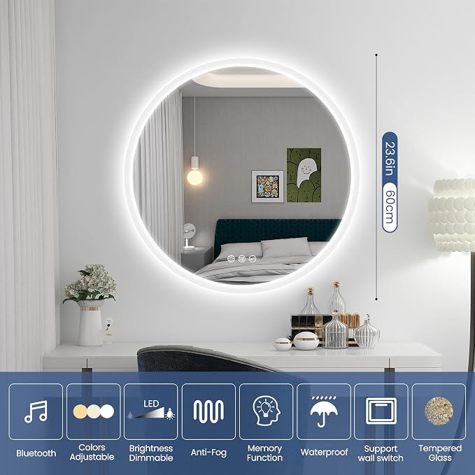 STARLEAD 24" Round LED Bathroom Mirror with Bluetooth Speaker, Dimmable Lighting, 3 Color Modes, Anti-Fog, Touch Control Wall Mounted Vanity Mirror