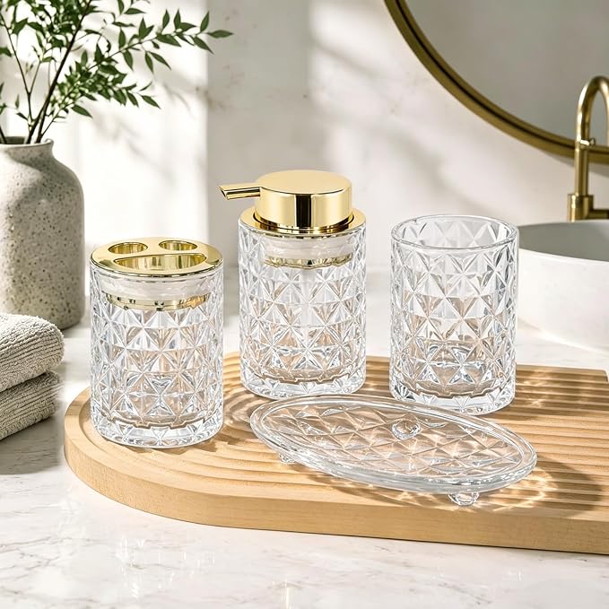 CERBIOR Bathroom Accessories Set, 4 PCS Glass Bathroom Set,Golden White | Includes Soap Dispenser, Toothbrush Holder, Toothbrush Cup, Soap Dish for Decorative Countertop and Housewarming Gift