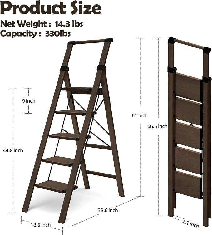 HillhutApex Aluminum 5 Step Ladder, Step Stool Foldable Ladder(Walnut) | Anti-Slip Pedals,330lbs Capacity,Lightweight Folding Ladders for Home,Office,Libaray