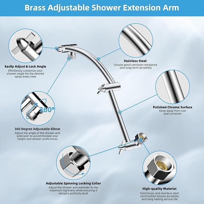 Hibbent All Metal 10'' Rain Shower Head with 16'' Extension Arm, Chrome | cUPC Certified High Pressure Rainfall Showerhead with Solid Brass Adjustable Shower Head Extension Arm, Fixed Showerheads