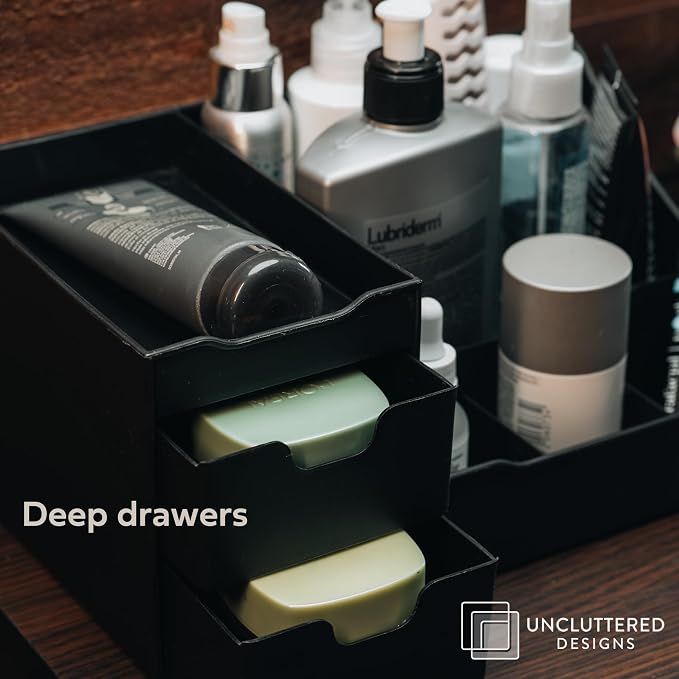 Large Black Vanity Organizer - Countertop Mens Organizer With Drawers for Cologne, Deodorant, Beard, Shaving Lotion, Perfume & Skincare - Perfect for Bathroom & Bedroom Storage