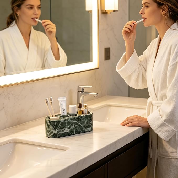 BCS Toothbrush Holder for Bathrooms, 4 Slots Marble Toothbrush and Toothpaste Holder Stand Bathroom Organizer Countertop for Electric Toothbrush, Floss, Razor, Comb - Verde