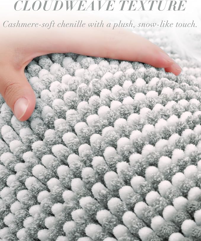 Chenille Bathroom Rugs, 24 x 43 Inches Non Slip Absorbent Bath Mat, Soft Shaggy Shower Bath Floor Mats for Bathroom, Machine Washable(Light Gray)