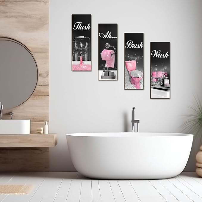 Honoson 4 Pcs Pink and Black Funny Bathroom Wall Art Decor Farmhouse Bathroom Pictures Wall Decor Wash Brush Flush Ah Wood Hanging Sign for Home Spa Laundry, 11.8 x 3.9 Inch