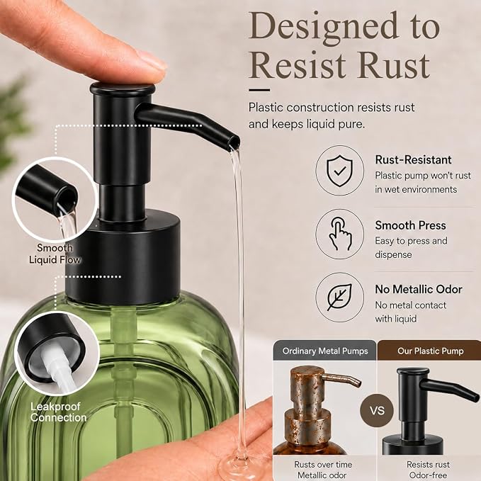 2 Pack Arch Glass Soap Dispenser with Acacia Wood Tray, 11oz Green Rainbow Decorative Hand Soap Dispenser with Rustproof Pump, Refillable Liquid Dispenser for Bathroom, Kitchen, Countertop