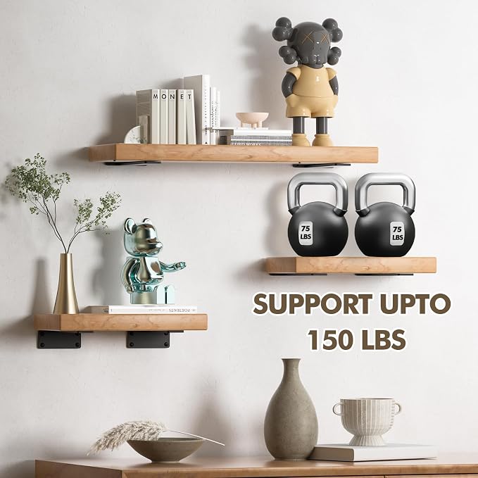 4 Pack Heavy Duty Metal Shelf Brackets 14 inch Long,Black | L-Shaped Wall Shelf Bracket Hidden & Decorative Shelf Bracket,1/5”-Thick,150 lbs of weight capacity