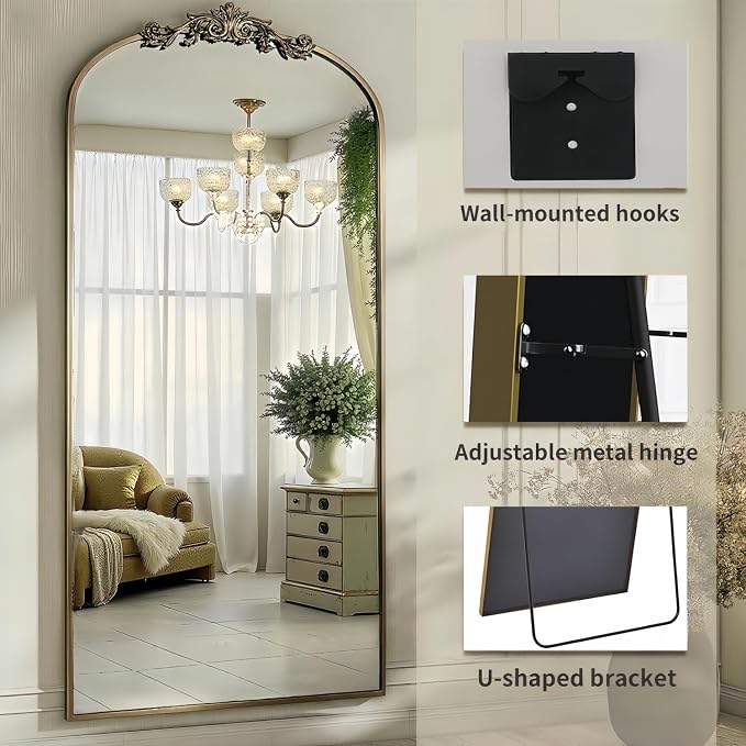 Dewfig Arched Full Length Mirror, 71"x32" Floor Mirror with Carved, Bronze | Antique Full Body Mirror, HD Shatterproof Tempered Glass, Lean/Stand/Wall for Bedroom, Living Room, Cloakroom, Home Decor