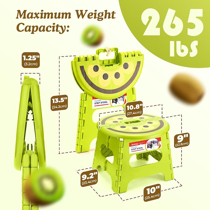 9 Inch Cute Folding Step Stool for Kids, with Handle, Kiwi Green | Foldable Step Stool, Heavy Duty, Lightweight, Non-Slip, for Toddler/Adults, for Kitchen Bathroom Outdoor, Sturdy Collapsible