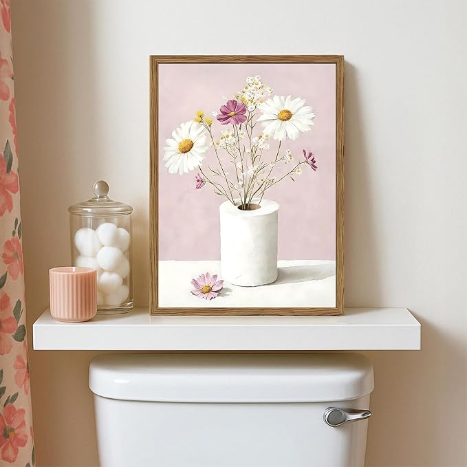 Vintage Floral Toilet Paper Wall Art Cute Wildflower Restroom Wall Decor Picture Funny Pink Flower Bathroom Canvas Painting Print 12x16 inch Wood Framed
