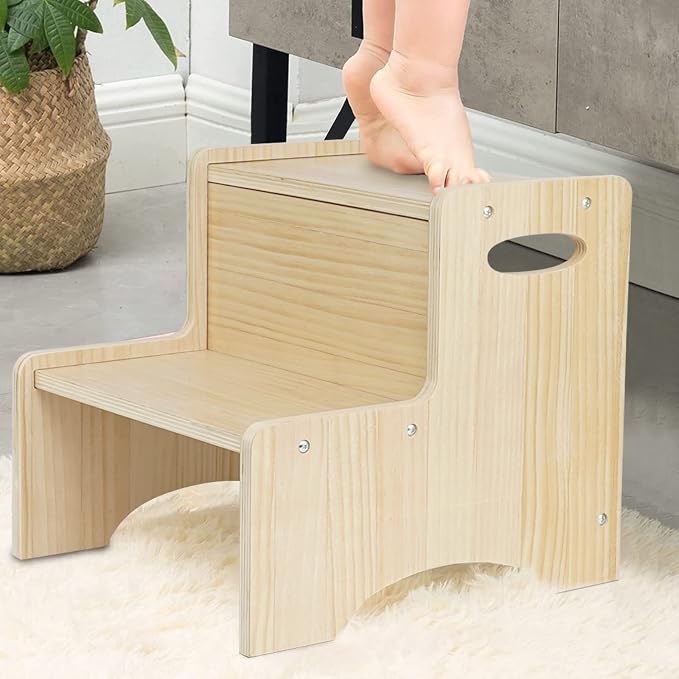 Toddler Step Stool for Kids, Wooden Two Step Children's Stool with Handles, Bonus Non-Slip Pads for Safety, Bathroom Potty Stool & Kitchen Step Stools Dual Height