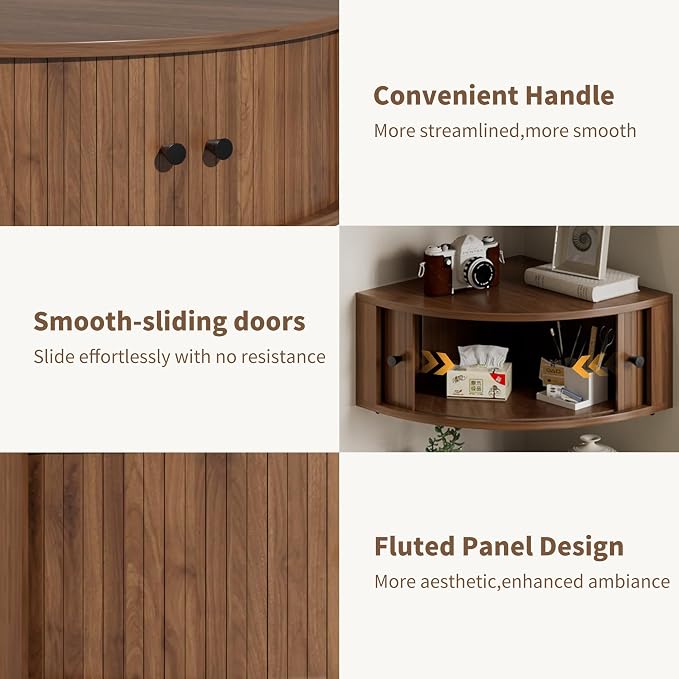 Corner Shelves Wall Cabinet Set of 3, Floating Corner Shelf Organizer with Sliding Doors, Fluted Wall Cabinet for Living Room, Bedroom, Office, Small Space, Walnut (Curved, 15.74“)