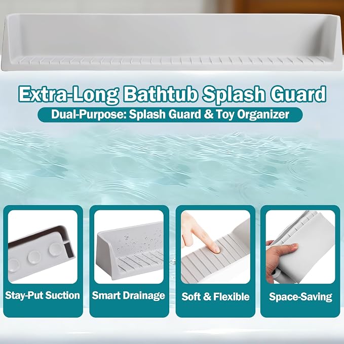 Bathtub Splash Guard for Tub Kids- Silicone Bath Play Shelf | 31" Extra Long Toy Tray & Caddy Holder, Prevent Water Spills & Messy Floors, Tub Edge Guard for Bathroom- Grey
