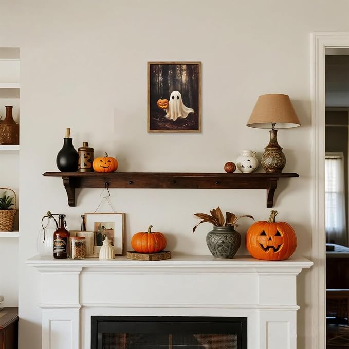 Vintage Halloween Ghost Wall Art, Gothic Cute Ghost Pumpkin Canvas Wall Decor Paintings, Dark Academia Spooky Fall Forest Prints Pictures for Living Room Bedroom 8x10 Inch Framed