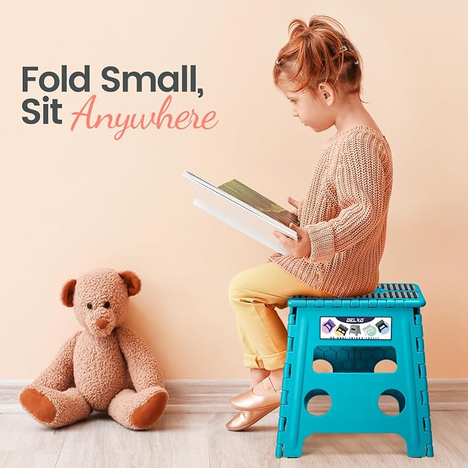 Delxo Folding Step Stool 13 Inch,300 Lbs Step Stool for Adults Blue | Foldable Step Stool 13",Non-Slip Foot Stools with Handle,Lightweight Collapsible stools for Kitchen,Bathroom,Bedroom,Garden