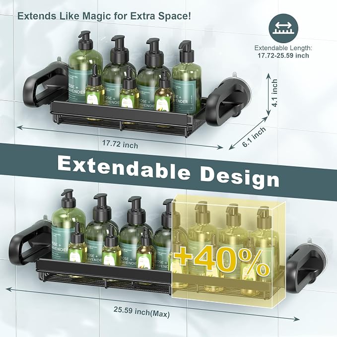 JOTPE Expandable Shower Caddy, No-Drill Suction Shower Shelf, Black | Expandable Shower Caddy with Strong Suction, No-Drill Installation and Spacious Storage for Shampoo, Soap and Bath Essentials