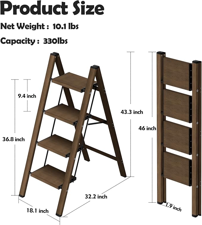 Taranta 4 Step Stool Foldable,Aluminum Step Ladder-Walnut | Lightweight,Wide Anti-Slip Pedals,Folding Step Stool,330lbs Capacity Stepladder for Household,Kitchen,Office