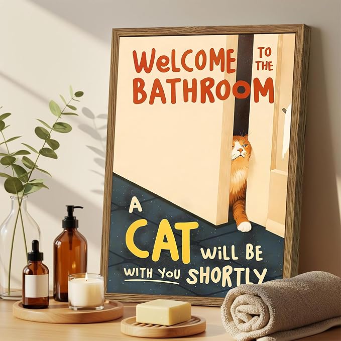 Funny Orange Cat Bathroom Wall Art Welcome to the Bathroom Sign Wall Decor Picture Cute Cat Animal Restroom Poster Canvas Prints 12X16 inch Wood Framed