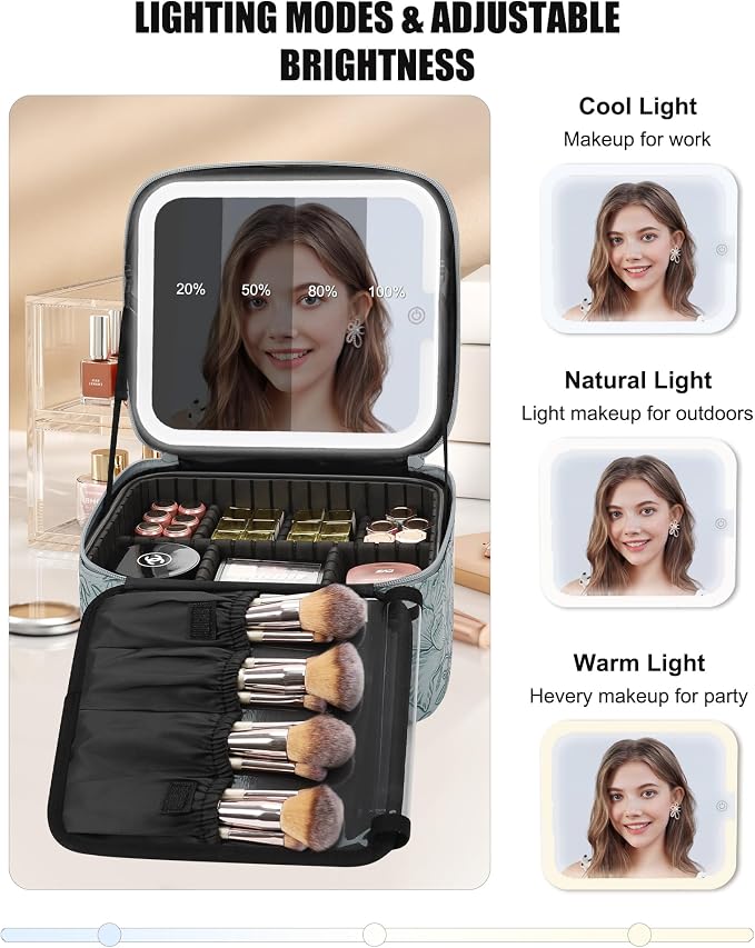 Relavel Travel Makeup Bag With LED Mirror for Women, Butterfly | Rechargeable Cosmetic Organizer with Adjustable Brightness in 3 Color Scenarios, Detachable Dividers, Waterproof Train Case