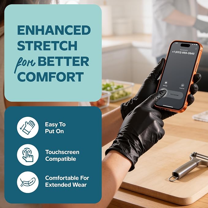 GUSTO Black Nitrile Gloves - Disposable Heavy Duty 6 Mil | Latex-Free, Powder-Free, Textured Fingertips, Food Safe, Flexible Fit, Cooking, Cleaning, Mechanics & Salon