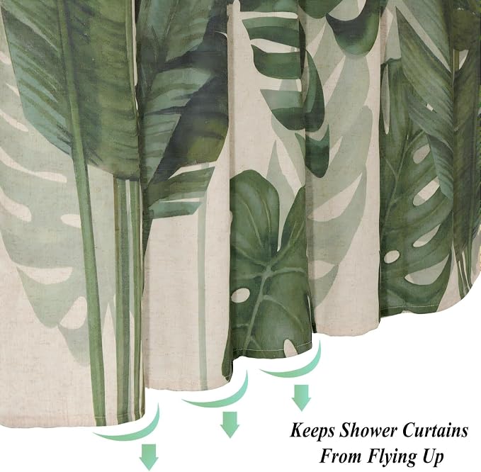 Baccessor Linen Shower Curtain Tropical Green Leaf Shower Curtains Botanical Banana Monstera Leaf Palm Tree Water Repellent Heavy Duty Fabric Cloth Shower Curtain for Bathtubs Hotel 72 W X 72 L Inch