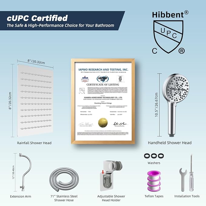 Hibbent All Metal CUPC Certified Shower Head, 8'' High Pressure Rainfall Shower Head, Handheld Showerhead Combo, 12'' Adjustable Extension Arm, 10 Sprays, 71'' Shower Hose, Showerhead Holder, Chrome