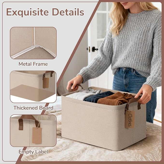 CHICVITA 4 Pack Large Shelf Storage Baskets with Metal Frame, Brown | 16.8 × 11 × 9.8 in, Reinforced Handles, Collapsible Design, Closet Organization, Towels, Blankets & Linens Storage
