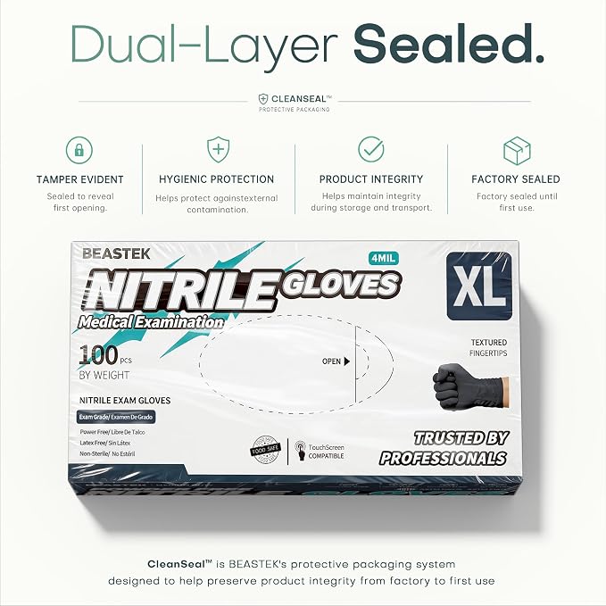 Black Nitrile Exam Gloves, 4 Mil, Powder-Free Food Prep Disposable | Soft+ • Powder-Free • Latex-Free • Medical • Examination • Cooking • Cleaning • Food Prep • Tattoo • Black • 100 Ct & 1000 Ct