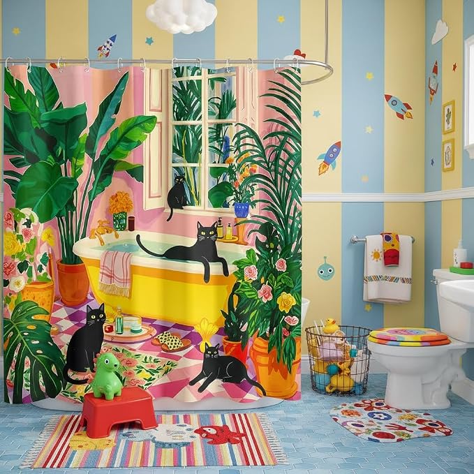 Accnicc Boho Cat Shower Curtain Cute Funny Black Cats Matisse Shower Curtains for Bathroom Green Tropical Plants Flowers Pink Yellow Decorative Waterproof Fabric Bath Curtain Decor 72 X 72 Inches
