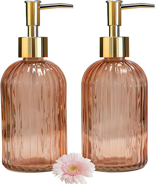 YYTSGG Glass Soap Dispenser with Gold Plastic Pump, 13.5oz, Orange, 2 Pack | Refillable Liquid Hand Soap Dispenser, Crystal Lotion Bottle for Modern Home Decor, Bathroom, Kitchen Countertop, Hotel