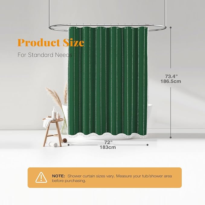 Emerald Green Boho Farmhouse Linen Heavy Duty Shower Curtain, 72x72 | 330GSM Linen Blend, Water Repellent, Vintage Striped Fabric, 12 Plastic Hooks, Rustic Country, Machine Washable, for Bathroom