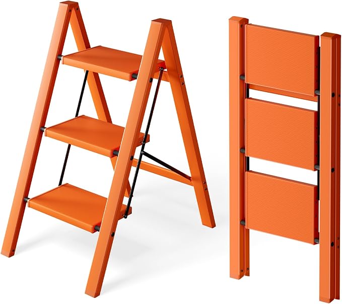 HillhutApex Aluminum Step Stool Foldable,3 Step Ladder (Orange) | Lightweight Portable step ladder with Anti-Slip Wide Pedal,330lbs Capacity Ladder for Household,Office,Kitchen