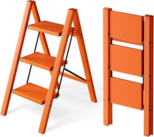 HillhutApex Aluminum Step Stool Foldable,3 Step Ladder (Orange) | Lightweight Portable step ladder with Anti-Slip Wide Pedal,330lbs Capacity Ladder for Household,Office,Kitchen
