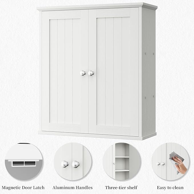 Shintenchi Bathroom Wall Medicine Cabinet, Over The Toilet Storage, White | Bathroom Storage Organizer Cupboard, with 2 Magnet Door and 3-Tier Shelves, Space Saving, Easy to Assemble & Clean