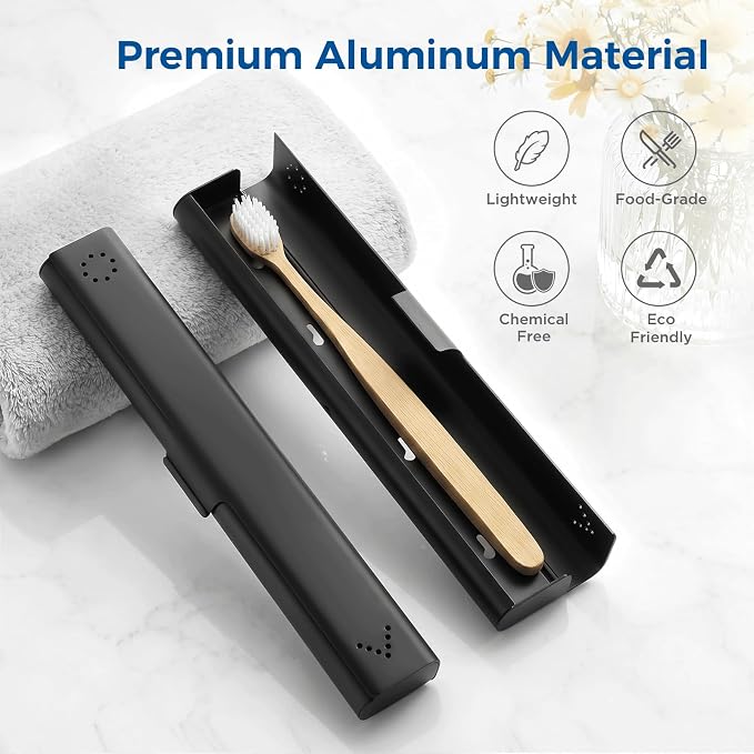 Toothbrush Travel Case Aluminum, Portable Toothbrush Holders Travel, Manual Toothbrush Case Container for Traveling, Bathroom, Camping, Business Trip-1Pack Black