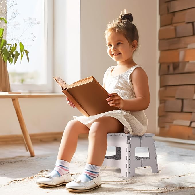 Dyforce Kids Step Stool 9 Inch, 300lbs Folding Step Stool for Toddler | Step stool Grey,Anti-slip Heavy Duty with Handle, Lightweight Foldable Foot Stool for Bathroom Kitchen Bedroom Outdoor