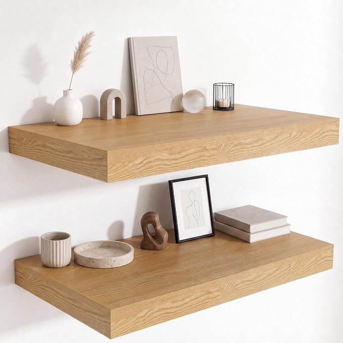 12 Inch Deep Floating Shelves for Wall, 24 Inch Wide Wall Shelves Set of 2, 2 Inch Thick Heavy Duty Invisible Wall Mounted Shelves for Kitchen Living Room,Oak Color
