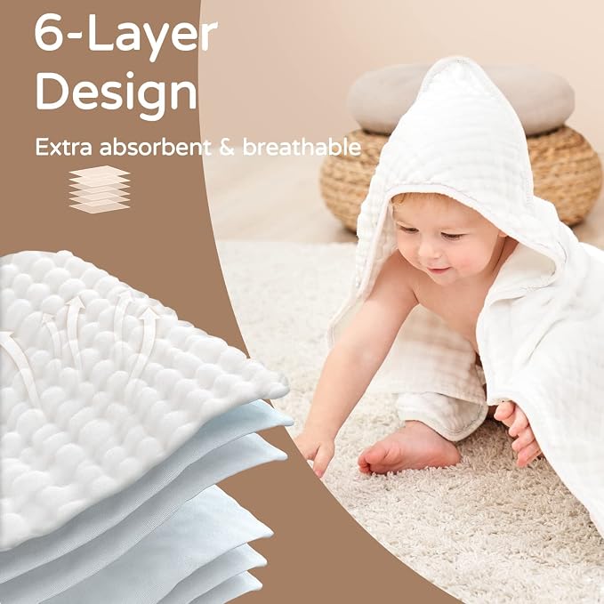 Yoofoss Hooded Baby Towels for Newborn 2 Pack 100% Muslin Organic Cotton Baby Bath Towel with Hood for Babies, Infant, Toddler and Kids, 32x32Inch, Soft and Absorbent Newborn Essential,White-2 Pack